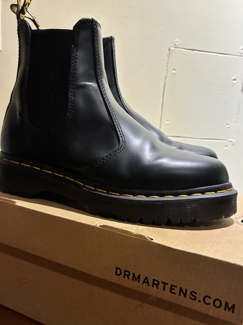 Dr. Martens Black Leather Chelsea Boots with Yellow Stitching